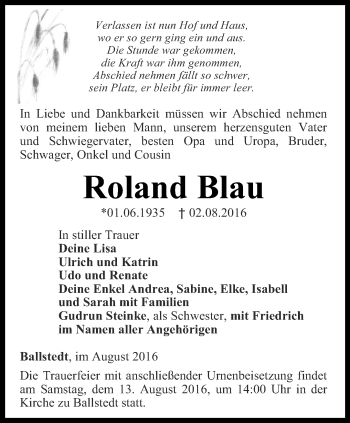 Traueranzeige von Roland Blau von Thüringer Allgemeine, Thüringische Landeszeitung