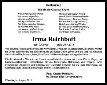 Traueranzeige von Irma Reichbott von Ostthüringer Zeitung