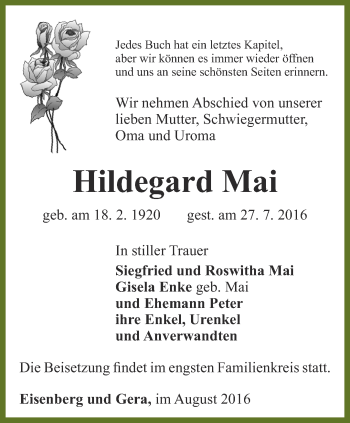 Traueranzeige von Hildegard Mai von Ostthüringer Zeitung