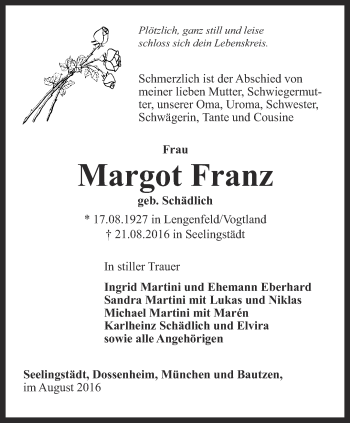 Traueranzeige von Margot Franz von Ostthüringer Zeitung