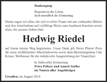 Traueranzeige von Hedwig Riedel von Thüringer Allgemeine