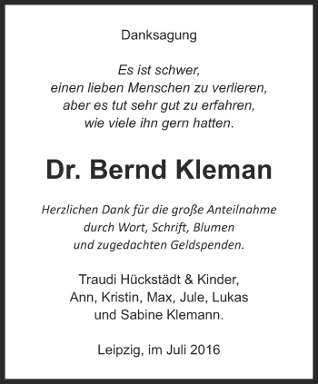 Traueranzeige von Bernd Kleman von Ostthüringer Zeitung