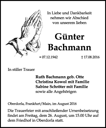 Traueranzeige von Günter Bachmann von Thüringer Allgemeine, Thüringische Landeszeitung