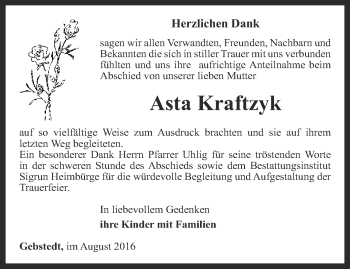 Traueranzeige von Asta Kraftzyk von Thüringer Allgemeine, Thüringische Landeszeitung