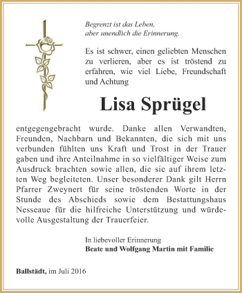 Traueranzeige von Lisa Sprügel von Ostthüringer Zeitung, Thüringische Landeszeitung