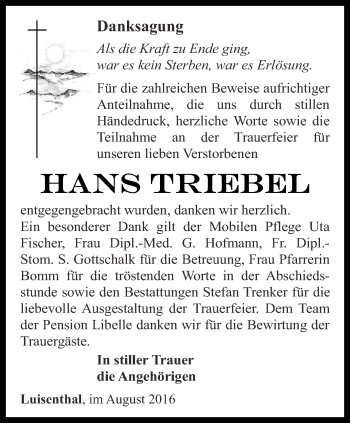 Traueranzeige von Hans Triebel von Ostthüringer Zeitung, Thüringische Landeszeitung