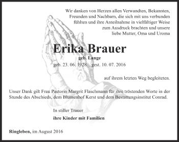 Traueranzeige von Erika Brauer von Thüringer Allgemeine, Thüringische Landeszeitung