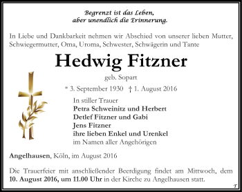 Traueranzeige von Hedwig Fitzner von Thüringer Allgemeine