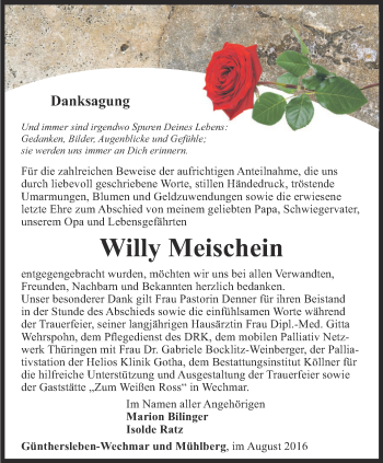 Traueranzeige von Willy Meischein von Ostthüringer Zeitung, Thüringische Landeszeitung