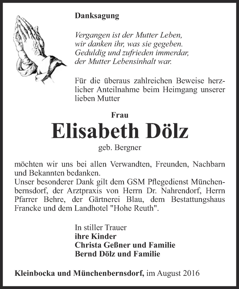  Traueranzeige für Elisabeth Dölz vom 13.08.2016 aus Ostthüringer Zeitung