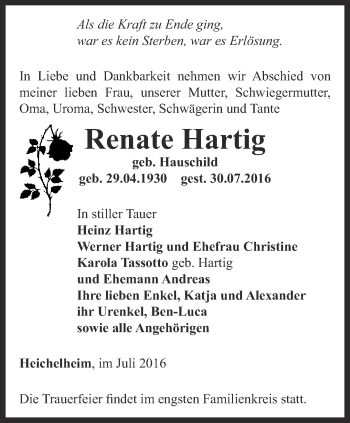 Traueranzeige von Renate Hartig von Thüringer Allgemeine, Thüringische Landeszeitung