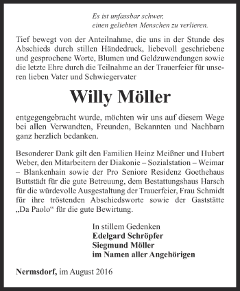 Traueranzeige von Willy Möller von Thüringer Allgemeine, Thüringische Landeszeitung