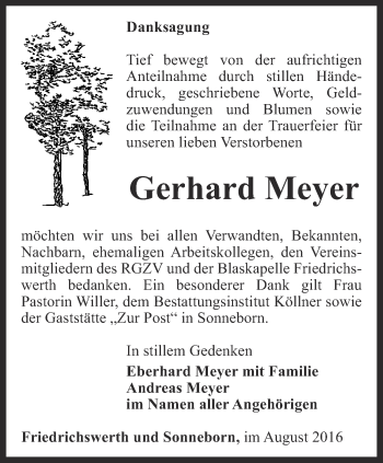 Traueranzeige von Gerhard Meyer von Ostthüringer Zeitung, Thüringische Landeszeitung
