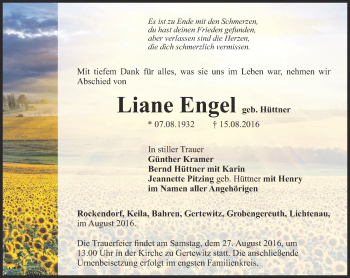 Traueranzeige von Liane Engel von Ostthüringer Zeitung