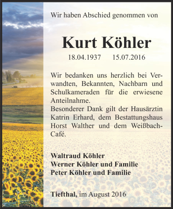 Traueranzeige von Kurt Köhler von Thüringer Allgemeine, Thüringische Landeszeitung