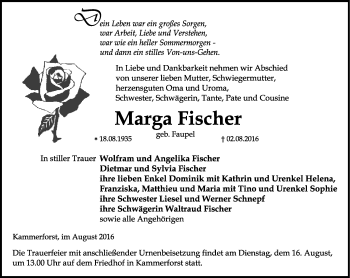 Traueranzeige von Marga Fischer von Thüringer Allgemeine, Thüringische Landeszeitung