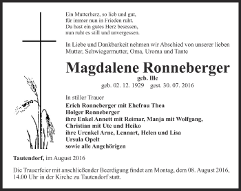 Traueranzeige von Magdalene Ronneberger von Ostthüringer Zeitung