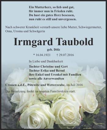 Traueranzeige von Irmgard Taubold von Ostthüringer Zeitung