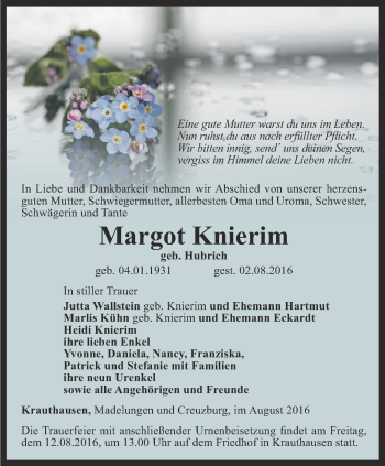 Traueranzeige von Margot Knierim von Thüringer Allgemeine, Thüringische Landeszeitung