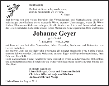 Traueranzeige von Johanne Geyer von Ostthüringer Zeitung