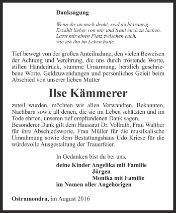 Traueranzeige von Ilse Kämmerer von Thüringer Allgemeine