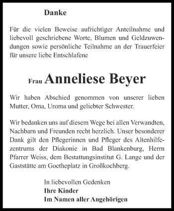 Traueranzeige von Anneliese Beyer von Ostthüringer Zeitung