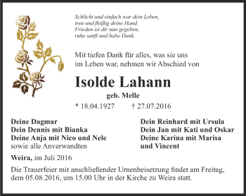 Traueranzeige von Isolde Lahann von Ostthüringer Zeitung