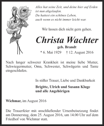 Traueranzeige von Christa Wachten von Ostthüringer Zeitung, Thüringische Landeszeitung