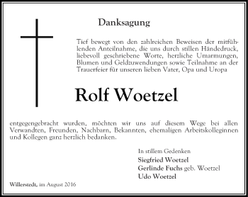 Traueranzeige von Rolf Woetzel von Thüringer Allgemeine, Thüringische Landeszeitung