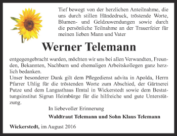 Traueranzeige von Werner Telemann von Thüringer Allgemeine, Thüringische Landeszeitung