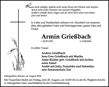 Traueranzeige von Armin Grießbach von Thüringer Allgemeine, Thüringische Landeszeitung