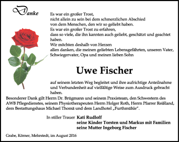 Traueranzeige von Uwe Fischer von Thüringer Allgemeine, Thüringische Landeszeitung