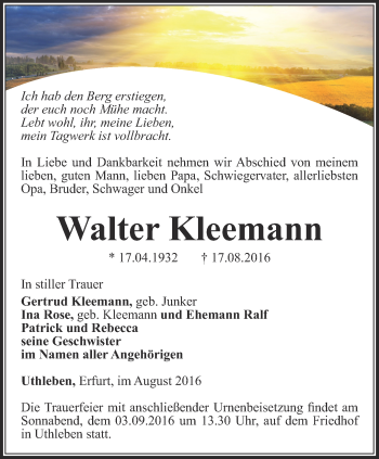 Traueranzeige von Walter Kleemann von Thüringer Allgemeine