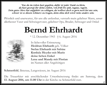 Traueranzeige von Bernd Ehrhardt von Thüringer Allgemeine