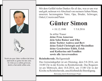 Traueranzeige von Günter Simon von Thüringer Allgemeine