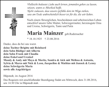 Traueranzeige von Maria Mainzer von Thüringer Allgemeine, Thüringische Landeszeitung