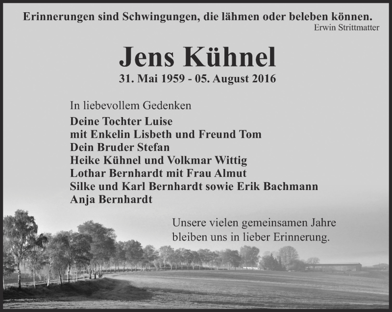  Traueranzeige für Jens Kühnel vom 13.08.2016 aus Thüringer Allgemeine, Thüringische Landeszeitung