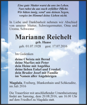 Traueranzeige von Marianne Reichelt von Thüringer Allgemeine, Thüringische Landeszeitung