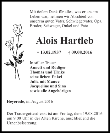 Traueranzeige von Alois Hartleb von Thüringer Allgemeine, Thüringische Landeszeitung