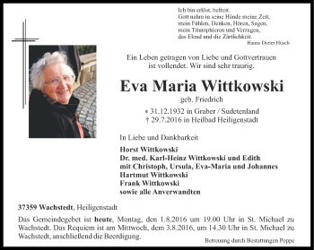 Traueranzeige von Eva Maria Wittkowski von Thüringer Allgemeine