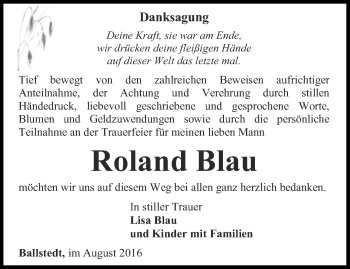 Traueranzeige von Roland Blau von Thüringer Allgemeine, Thüringische Landeszeitung