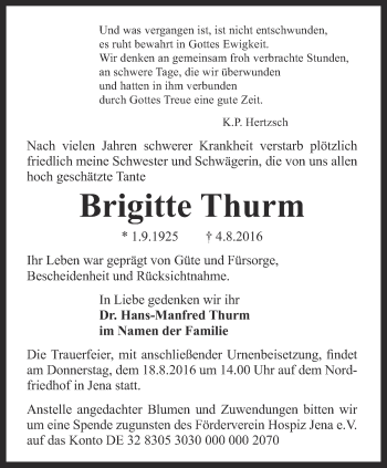 Traueranzeige von Brigitte Thurm von Ostthüringer Zeitung, Thüringische Landeszeitung