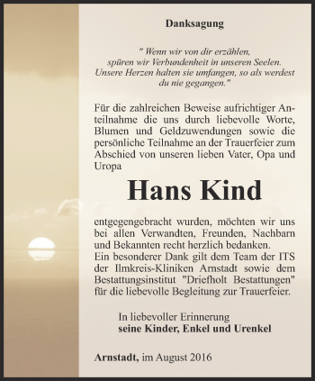Traueranzeige von Hans Kind von Thüringer Allgemeine