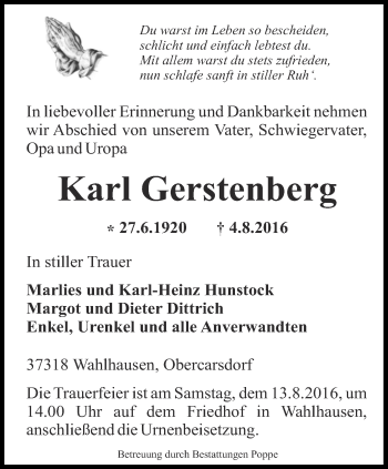 Traueranzeige von Karl Gerstenberg von Thüringer Allgemeine