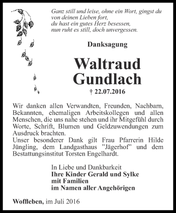 Traueranzeige von Waltraud Gundlach von Thüringer Allgemeine