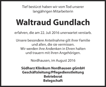 Traueranzeige von Waltraud Gundlach von Thüringer Allgemeine