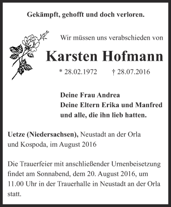 Traueranzeige von Karsten Hofmann von Ostthüringer Zeitung
