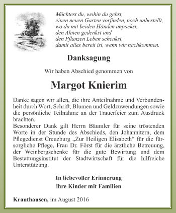 Traueranzeige von Margot Knierim von Thüringer Allgemeine, Thüringische Landeszeitung