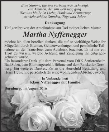 Traueranzeige von Martha Nyffenegger von Ostthüringer Zeitung, Thüringische Landeszeitung