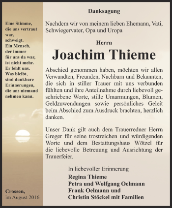 Traueranzeige von Joachim Thieme von Ostthüringer Zeitung